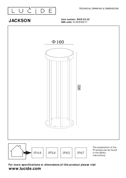 Lucide JACKSON - Borne extérieur- Énergie Solaire - Ø 16 cm - LED Dim to warm - 1x2W 2850K/3150K - IP65 - Détecteur Jour/Nuit - Noir - technique